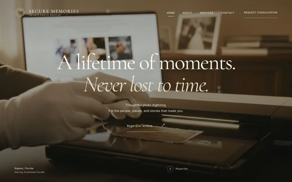 Secure Memories photo preservation website homepage preview